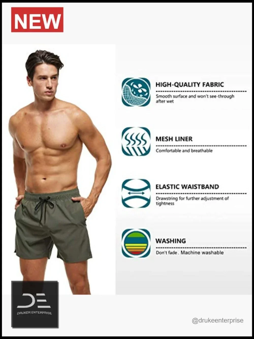 Men's Swim Trunks Quick Dry Beach Shorts with Zipper Pockets Mesh Lining